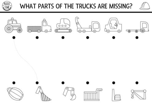 Construction site matching activity with special technic, missing part. Building works puzzle. Match the object game, printable worksheet. Repair service match up page with truck, bulldozer, excavator vector