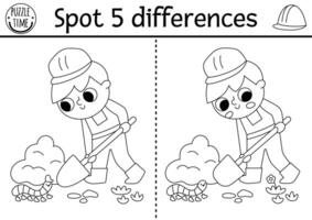 Find differences black and white game. Construction site educational activity with boy digging pit. Cute puzzle for kids with funny worker. Printable worksheet, coloring page for logic and attention vector