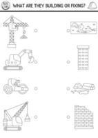Construction site black and white matching activity with special technics. Building works line puzzle, game, printable worksheet. Repair service match up coloring page vector