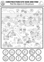 Construction site searching game with building works landscape. Spot hidden objects. Simple black and white seek and find printable activity, coloring page for kids with workers vector