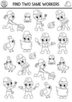 Find two same workers. Construction site black and white matching activity. Building works educational quiz worksheet for kids for attention skills. Simple printable game, coloring page with builders vector