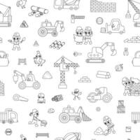 Big black and white construction site, road work seamless pattern. Building line repeat background with kid builders, transport, bulldozer, crane. Repair service digital paper vector
