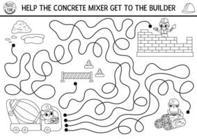 Construction site black and white maze for kids. Help concrete mixer go to worker building house. Building works preschool printable activity. Repair service labyrinth game, puzzle, coloring page vector