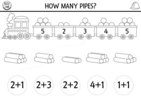 How many pipes black and white game with cute freight train. Construction site math addition activity or coloring page. Building works printable counting worksheet for kids with engine and cars vector