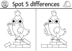 Find differences black white game. Construction site educational activity with hen architect on brick pile. Cute puzzle for kids with worker. Printable worksheet, coloring page for logic, attention vector
