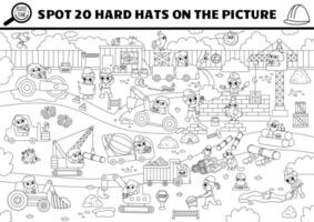 black and white construction site searching game with building works landscape. Spot hidden hard hat. Simple seek and find educational printable activity, coloring page for kids with worker vector