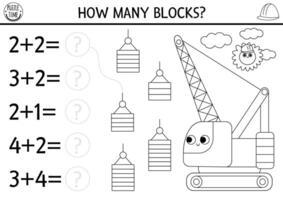 How many blocks black and white game with crawler crane. Construction site math addition activity. Building works printable counting worksheet, coloring page for kids with special car, vehicle vector