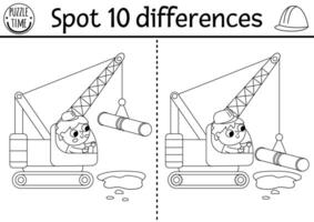 Find differences black and white game for children. Construction site educational activity with boy driver in crane lifting pipe. Cute puzzle for kids with worker. Printable worksheet, coloring page vector