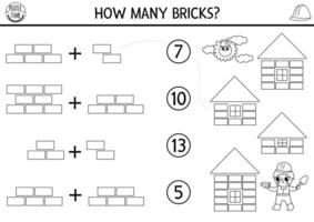 Match the numbers black and white construction site game with builder and buildings. Math activity for kids with worker. Educational counting worksheet, coloring page. How many bricks in house vector