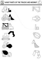 Construction site black and white shadow matching activity with truck, bulldozer, excavator and missing parts. Match silhouette game, printable worksheet. Repair service coloring page or puzzle vector