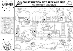 black and white construction site searching game with building works landscape. Spot hidden birds. Simple seek and find educational printable activity, coloring page for kids with worker vector