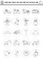 Find the odd one out. Construction site black and white logical activity for kids. Building works educational quiz worksheet or coloring page. Printable game with vehicles, builders, tools vector