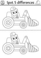 Find differences black white game for children. Construction site educational activity with boy driver in excavator. Cute puzzle for kids with worker. Printable worksheet, coloring page with vehicle vector