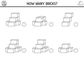 3d counting construction site black and white game with bricks. Math and logical activity for kids with building material. Educational counting worksheet. How many blocks coloring page vector