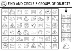 Construction site seek and find game. Black and white puzzle with workers, tools, vehicles. Building works printable activity, searching puzzle, coloring page for kids. Find groups of objects vector