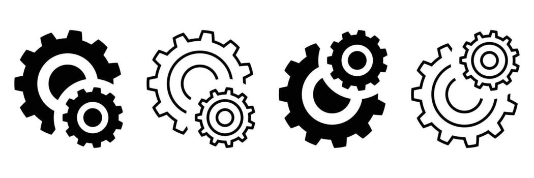 cuatro variaciones de negro y contorno rueda dentada y ajustes íconos simple, atrevido, y moderno gráfico diseño elementos para negocio, tecnología, y Ingenieria conceptos ilustrando vectores gráfico