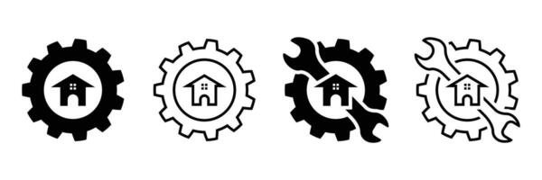 Four Cogwheel, settings, Home Repair Service Gear, Wrench, icon Set Black and Outline Vectors Illustration