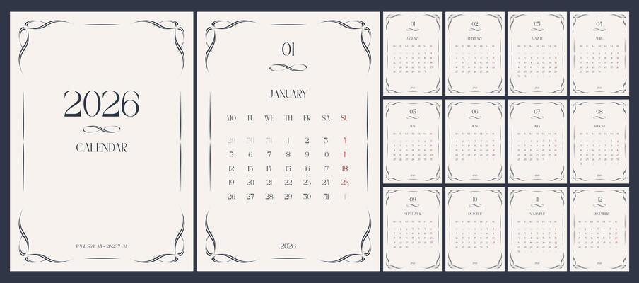 Calendar for 2026. Monochrome, vertical, A4, English. Set of 12 pages and cover.
