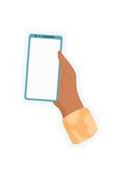 Sticker of hand holding phone. Template of user with smartphone. Digital device in palm, blank screen for app, potential for communication, social media, or online service. vector