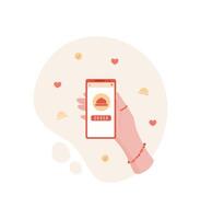 A hand holds a mobile phone displaying a digital app. The user interacts with an application for food delivery on the screen. The phone showcases an order button enhancing convenience. Social media vector