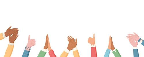 Diverse group hands clapping in flat style. People showing solidarity with joyful applause. A cheerful celebration with happy gestures, symbolizing unity and community. Perfect for banners, social vector