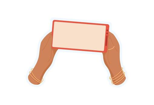 Hand holds a smartphone sticker. User grips a mobile phone sticker. Context of digital media, blank template, potential for online applications and communications. vector