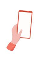 A hand holds a smartphone with a blank screen. This mobile device serves as perfect template for various applications. The users finger is ready to tap the touchscreen, showcasing digital technology, vector