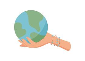 Hand holding globe symbolizes connection. Woman gives and receives the earth as a gesture of unity. Concept of peace, charity, and hope, flat style, suitable for environmental themes. vector
