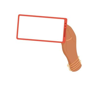 Hand holds a smartphone with a blank screen. User presents mobile phone for digital applications and online usage. This mobile device provides communication and accessibility, flat style, versatile vector