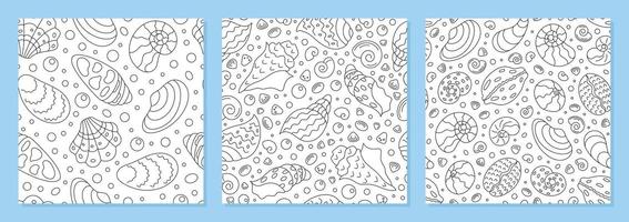 Seamless underwater seashell pattern set with outline style. Marine shell and aquatic doodle design create ocean backgrounds. Perfect for sea decorative concepts. vector