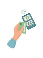 Payment card holding by a female hand. A human hand holds a card for contactless cash transactions. This element captures the economy in digital context, flat style, suitable for finance themes. vector