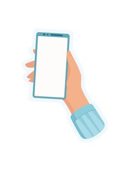 Sticker of hand holding phone. Visual representation of user holding smartphone. Digital template, flat design, suitable for communication and mobile app usage. vector