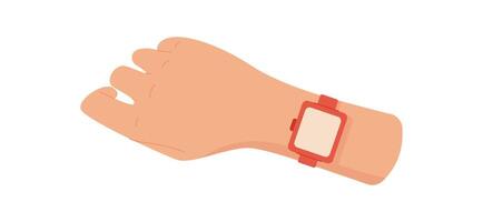 Hand holds a stylish smart watch displaying a blank screen. User interacts with digital device using their finger. This modern wrist gadget emphasizes technology, simple aesthetics, flat design, vector