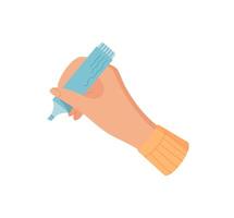 Hand holding highlighter. Female character with pen makes a gesture. Cartoon graphic element, suitable for educational materials, stationery design, or creative projects. vector