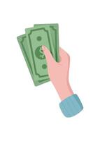 Female hand hold cash. Gesture of payment with dollar bills. Money transaction in graphic style, ideal for finance and business concepts. Perfect for illustrating banking scenarios. vector
