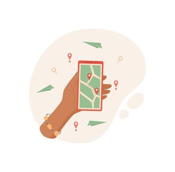 A hand holds a smartphone displaying a vivid map. A user interacts with mobile application for navigation. This image captures technology use in modern life, showcasing digital communication. vector