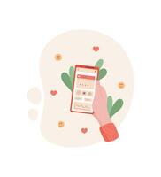A hand holds a smartphone displaying a calendar app. A user interacts with mobile app on the phone screen. Digital device showcases modern lifestyle, flat style, creating stylish image for online vector