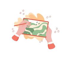 Hand holds a tablet for digital drawing. A person draws on a screen using their finger. The action of drawing engages creative expressions and showcases artistic abilities, flat style, and potential vector