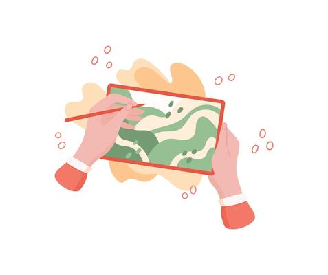 Hand holds a tablet for digital drawing. A person draws on a screen using their finger. The action of drawing engages creative expressions and showcases artistic abilities, flat style, and potential
