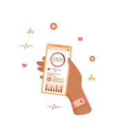 A hand holds a phone displaying a health app. The screen reveals user interface focused on health monitoring and social interaction. Technology enhances daily wellness, showcasing mobile lifestyles vector