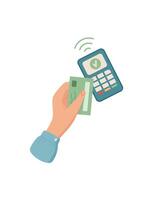 Payment card holding by a female hand. A human hand holds a card for contactless cash transactions. This element captures the economy in digital context, flat style, suitable for finance themes vector