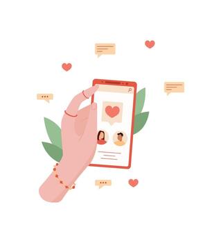 Hand holds a smartphone featuring a dating application. User interacts with this social mobile app through online communication. Chat message functionality offers user engagement, flat style suitable vector