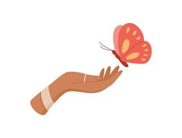 Hopeful butterfly hand symbol. Gift of nature through a womans gesture. Flat design graphic, ideal for themes of hope and exchange, perfect for charity or environmental concepts. vector