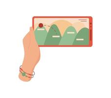 A hand holds a smartphone displaying a game on the screen. A user interacts with the phone and plays through digital app. Engaging with mobile technology, flat design, ideal for social media and vector
