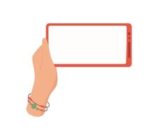 A hand holds a smartphone with a blank template screen. The user displays mobile device ready for app interaction. The palm embraces the technology with digital possibilities, simple style, ideal for vector