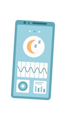 Smartphone with a sleep app. Digital mobile technology displays user sleep data and analysis. A modern application for monitoring rest patterns. Online media for wellness, cool visual style, and