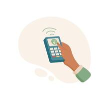 Hand holding payment terminal. Gesture of transferring cash through a sale terminal. Digital payment concept, graphic style, suitable for business contexts. vector