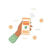 A hand holds a smartphone with a digital payment app. The mobile phone displays transaction screen. The user interacts with the payment application. Online commerce, engaging graphic, suitable for vector