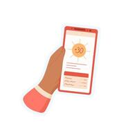 A sticker of a hand holding a phone. A user interacts with mobile device displaying an app on the screen. Digital communication concept, flat design, suitable for media and technology applications. vector