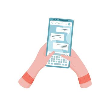 Hand holds a smartphone displaying chat application. User interacts with a mobile device to send messages. Digital communication device showcases online screen for social media, various usages. vector